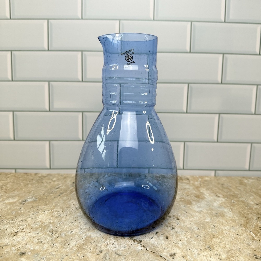Pfaltzgraff Blue Blown Glass 8.5" Pitcher - Seeded Glass